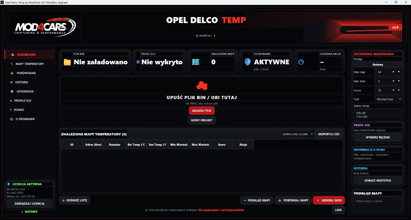 OpelTherm — interfejs aplikacji